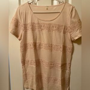 J. Crew Blush color short sleeve T shirt with lace inserts. Size M